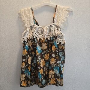 Boho Floral Tank Top Lace Crochet Shoulders Tie Back Rayon Blouse Womens S